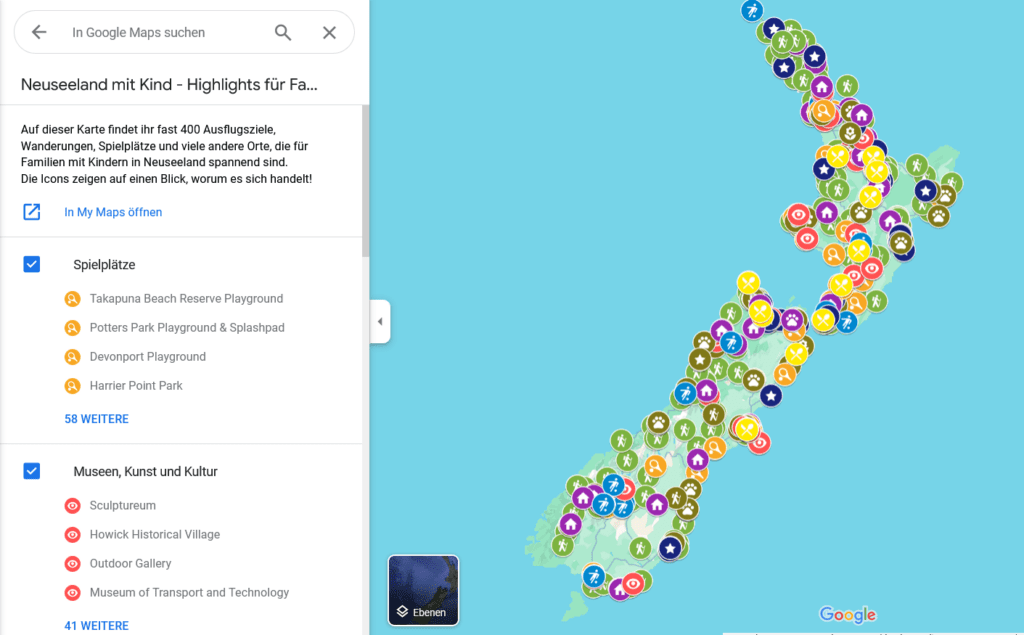 Neuseeland mit Kind Karte Legende